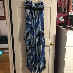 Strapless blue, black and white BCBG MAXAZRIA gown